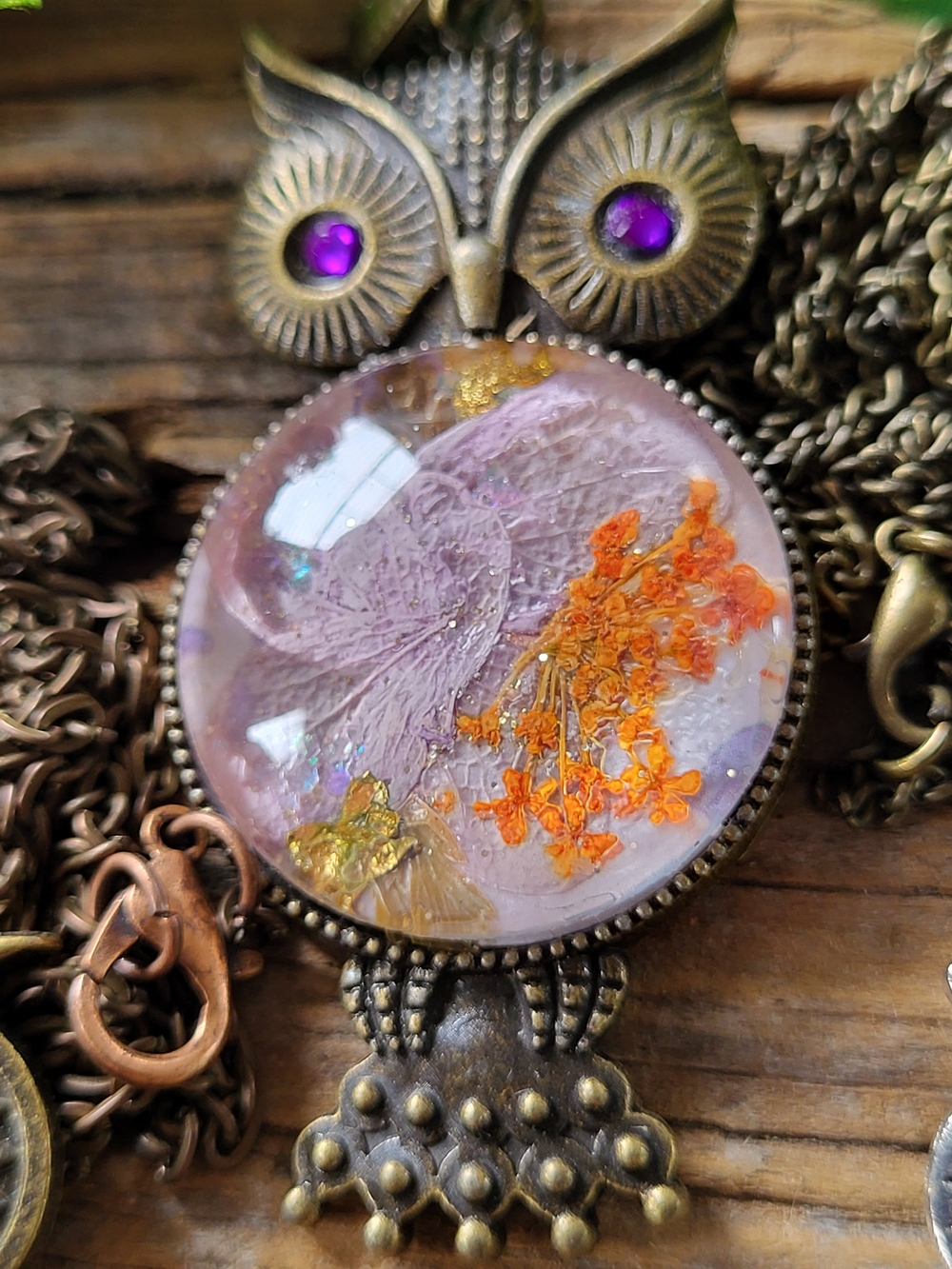 Handcrafted Owl  Necklace with Purple and Orange Flowers Under Glass Cabachon